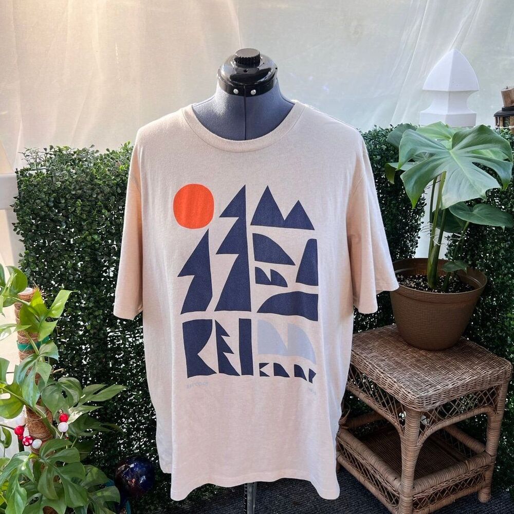 REI Abstract Mountain Shirt Beige and Navy Blue - Picture 1 of 6